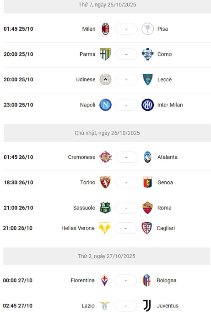 Lich thi dau Serie A 2025/26 vong 8