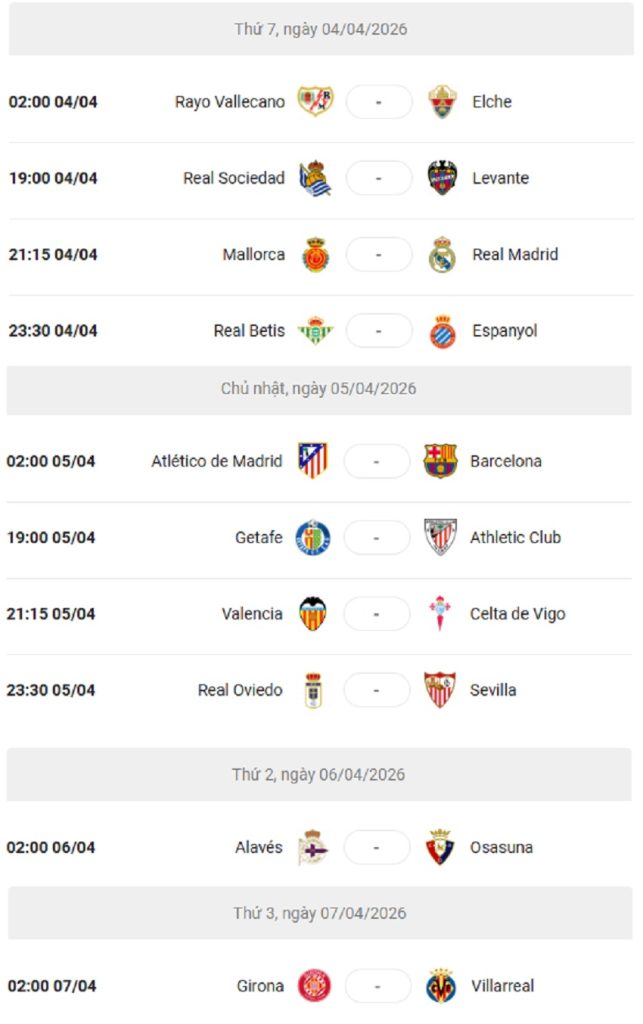 Lich thi dau La Liga 2025/26 vong 30