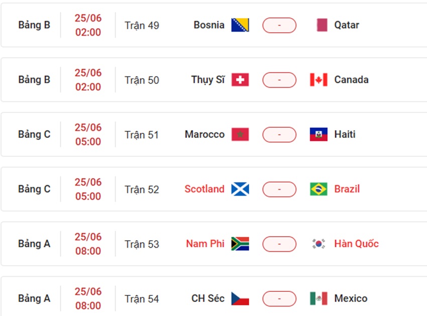 Xem lịch thi đấu VCK World Cup 2026 ngày 25/6/2026 Lich thi dau VCK WC 2026 ngay 25/6/2026