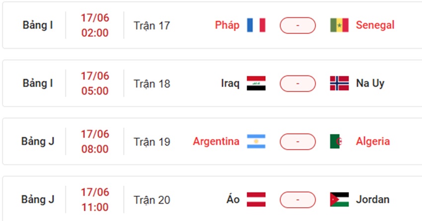 Lich thi dau VCK World Cup 2026 ngay 17/6/2026