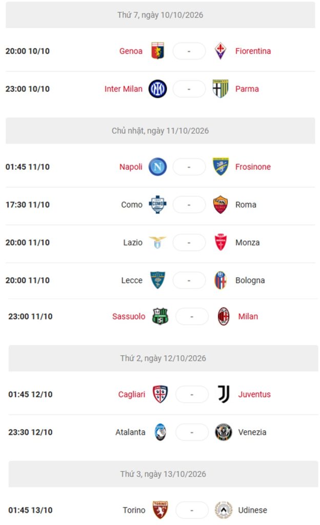 Lich thi dau Serie A 2026/27 vong 6