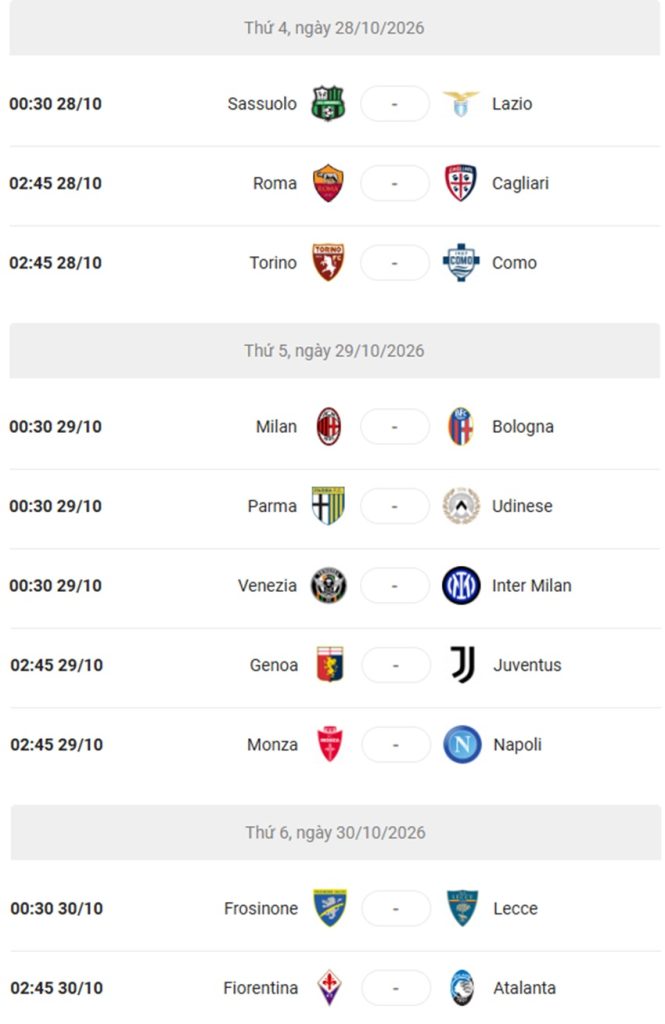Lich thi dau Serie A 2026/27 vong 9